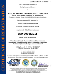 ISO-9001:2015 Mysore Ammonia & Chemicals Ltd., Telangana