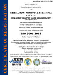 ISO-9001:2015 Certificate Sri Bhargavi Ammonia & Chemicals Pvt. Ltd.