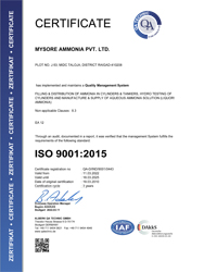 ISO-9001:2015 Certificate Mysore Ammonia Pvt. Ltd.