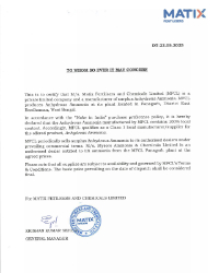 Matix Fertilizers Dealership Certificate